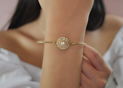 Armreif Silber 925 - Zirkonia - 14k Vergoldet - Süsswasserperle - Brautarmband -Armschmuck Damen - Handmade - Gift - Geschenk Weihnachten